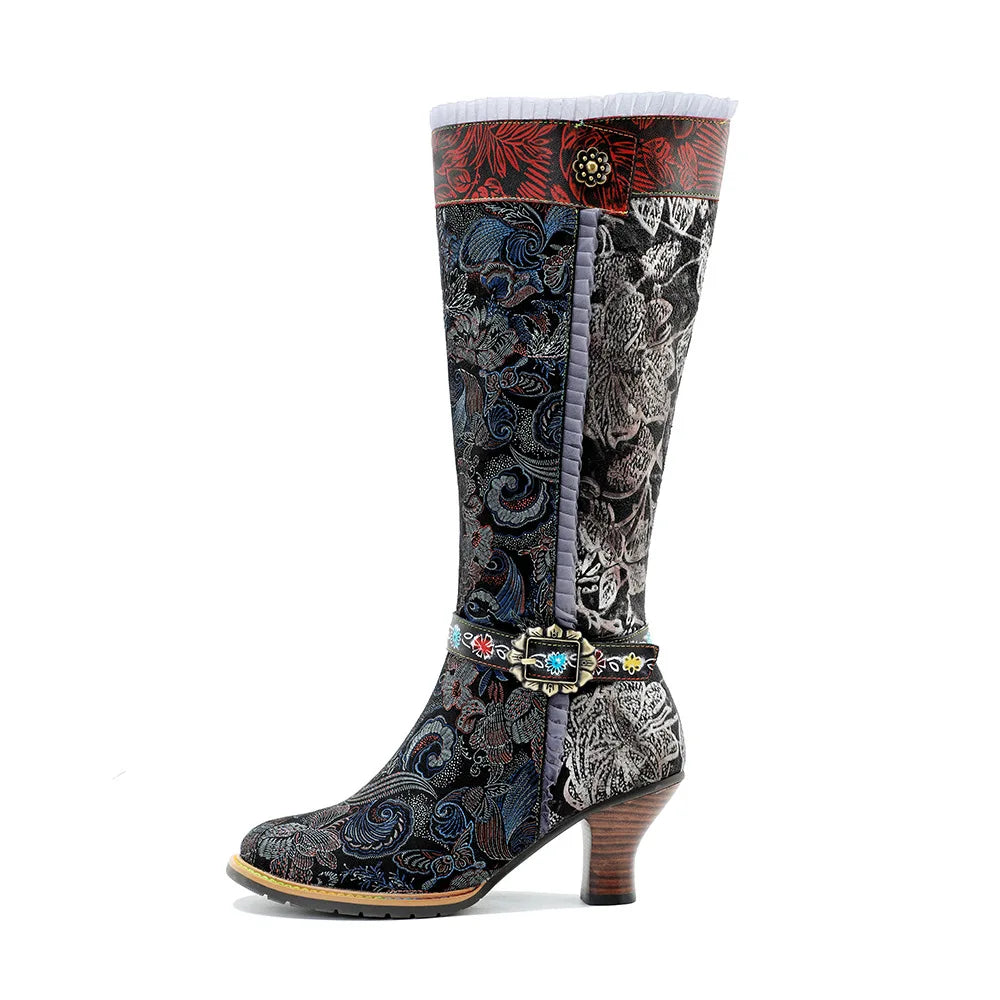 Socofy Raffan Winter New Hand Painted Genuine Leather Patchwork Vintage Court Style Lace Trimmed High Heeled Long Boots - CB060