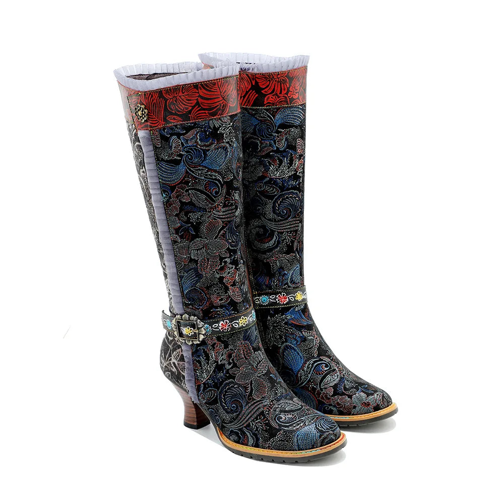 Socofy Raffan Winter New Hand Painted Genuine Leather Patchwork Vintage Court Style Lace Trimmed High Heeled Long Boots - CB060