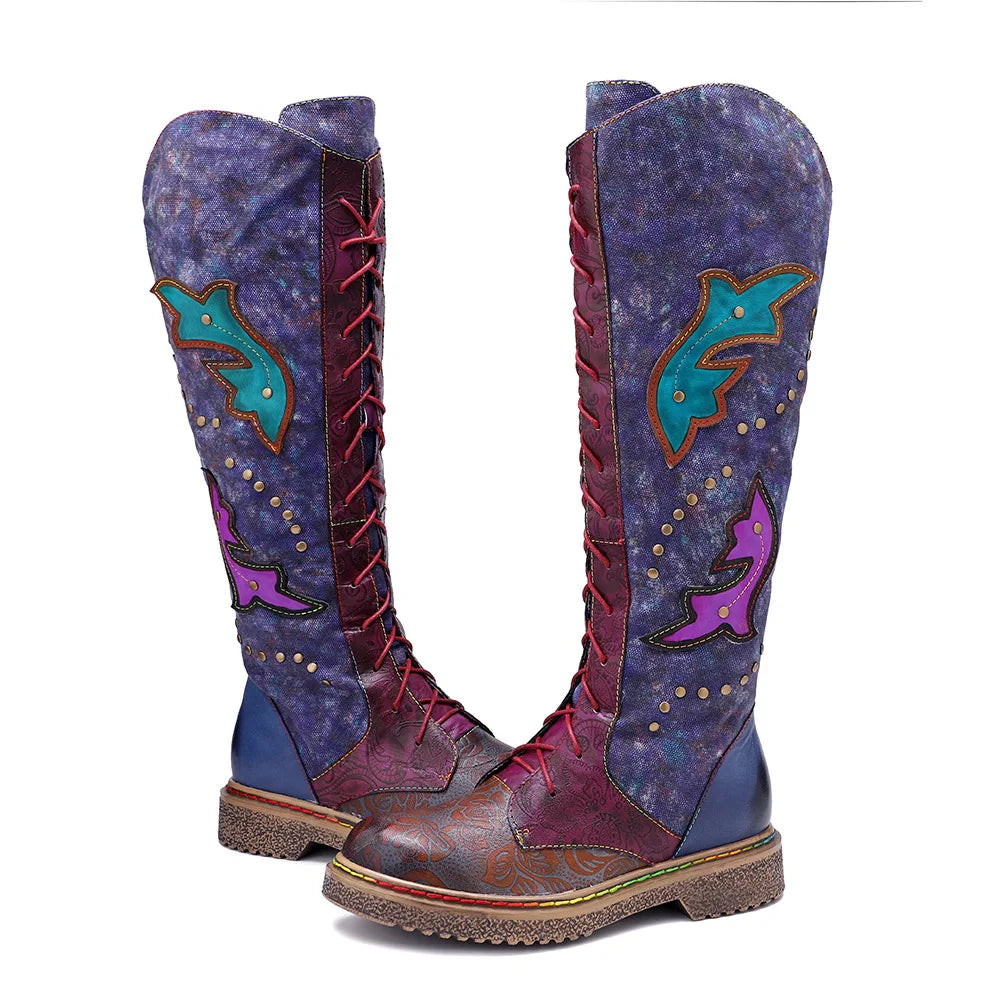 Socofy Raffan Winter Snow Long Ladies Designer Genuine Leather Boots Shoes for Women's High Comfortable Elegant Cowboy Boots - CB065