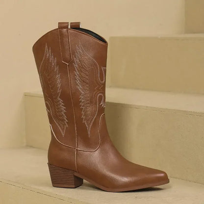 Spring and Fall Fashion Pointy Solid Color Women's Mid-calf Boots with Mid-heel Sleeves Embroidered Western Cowboy Boots - CB004
