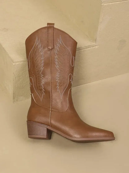 Spring and Fall Fashion Pointy Solid Color Women's Mid-calf Boots with Mid-heel Sleeves Embroidered Western Cowboy Boots - CB004