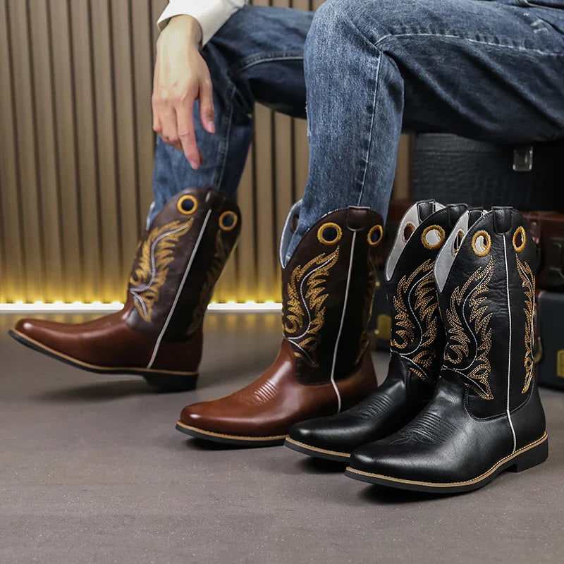 Western Cowboy Boots for Men - Gold Embroidery Long Tube Leather Boots with Decorative Eyelets Pointed Toe Fashion Riding Boots - CB020