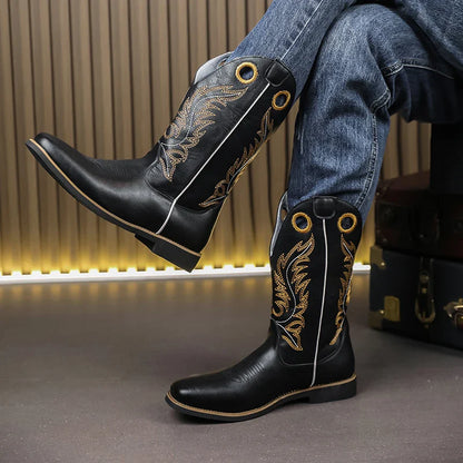 Western Cowboy Boots for Men - Gold Embroidery Long Tube Leather Boots with Decorative Eyelets Pointed Toe Fashion Riding Boots - CB020