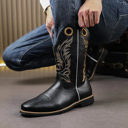 Western Cowboy Boots for Men - Gold Embroidery Long Tube Leather Boots with Decorative Eyelets Pointed Toe Fashion Riding Boots - CB020