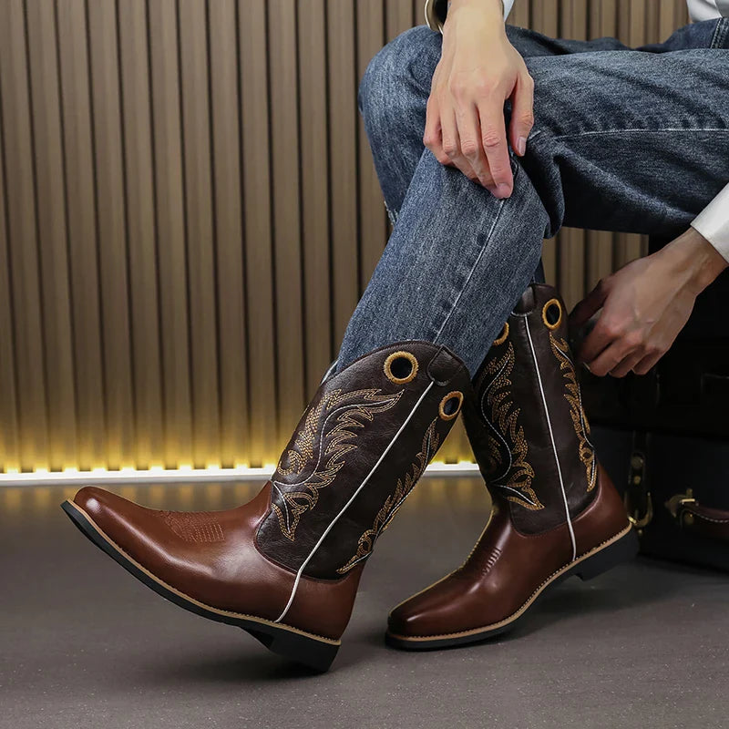 Western Cowboy Boots for Men - Gold Embroidery Long Tube Leather Boots with Decorative Eyelets Pointed Toe Fashion Riding Boots - CB020