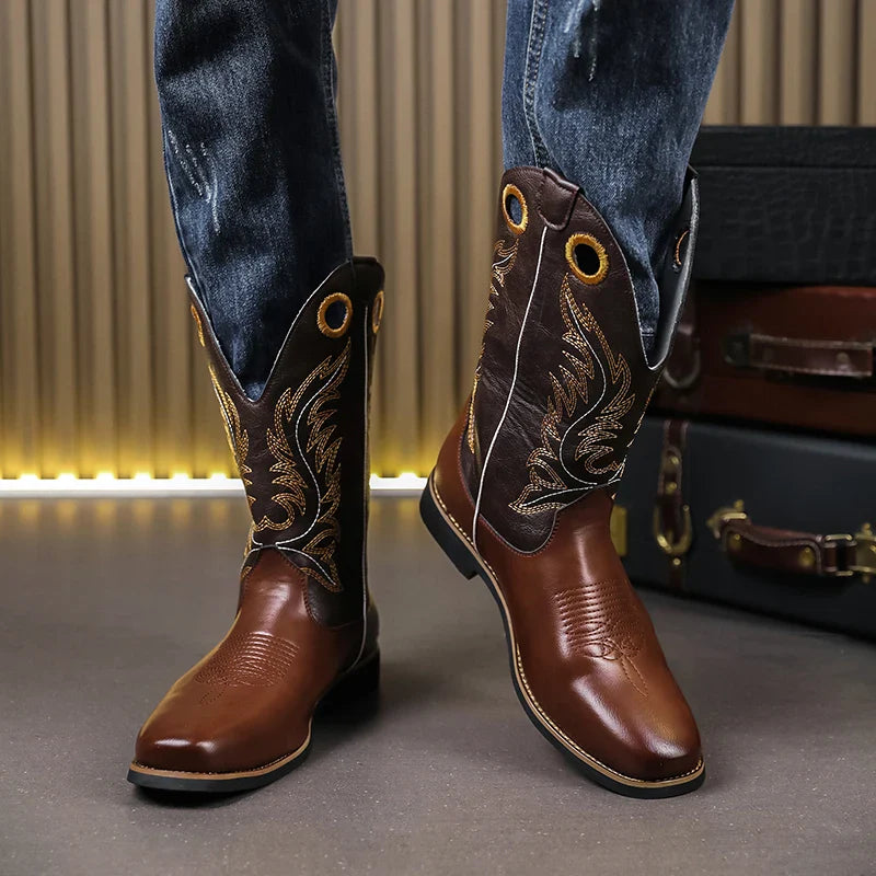 Western Cowboy Boots for Men - Gold Embroidery Long Tube Leather Boots with Decorative Eyelets Pointed Toe Fashion Riding Boots - CB020