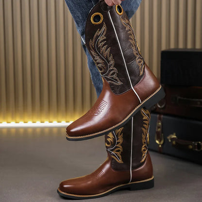 Western Cowboy Boots for Men - Gold Embroidery Long Tube Leather Boots with Decorative Eyelets Pointed Toe Fashion Riding Boots - CB020