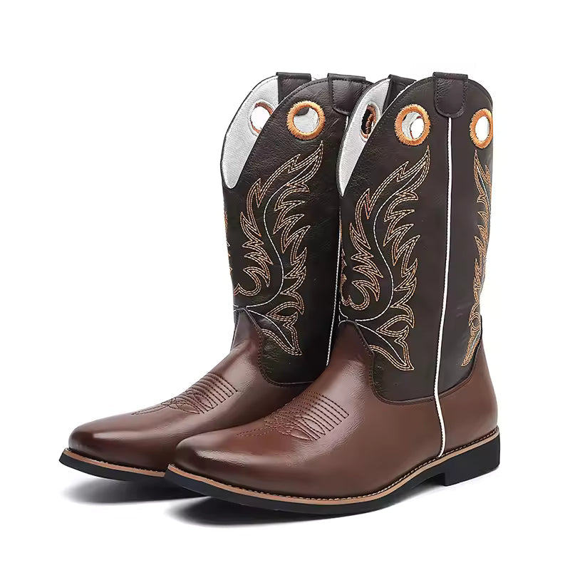Western Cowboy Boots for Men - Gold Embroidery Long Tube Leather Boots with Decorative Eyelets Pointed Toe Fashion Riding Boots - CB020