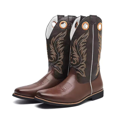 Western Cowboy Boots for Men - Gold Embroidery Long Tube Leather Boots with Decorative Eyelets Pointed Toe Fashion Riding Boots - CB020