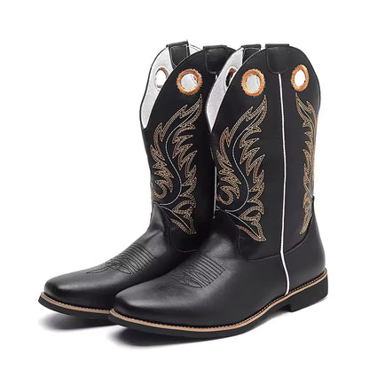 Western Cowboy Boots for Men - Gold Embroidery Long Tube Leather Boots with Decorative Eyelets Pointed Toe Fashion Riding Boots - CB020