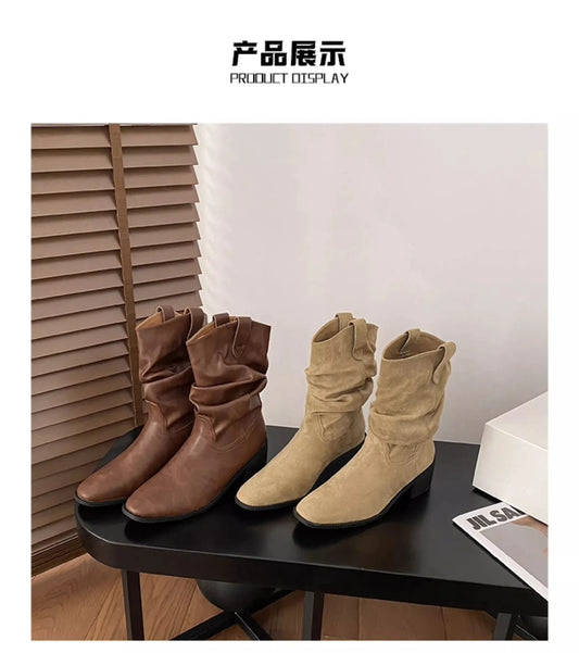 Western Cowboy Boots Women's Retro Versatile Cosplay Mid-tube Boots High-heeled Sleeves Casual Pile Boots Halloween Party 2025 - CB025