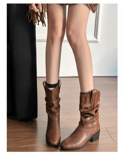 Western Cowboy Boots Women's Retro Versatile Cosplay Mid-tube Boots High-heeled Sleeves Casual Pile Boots Halloween Party 2025 - CB025