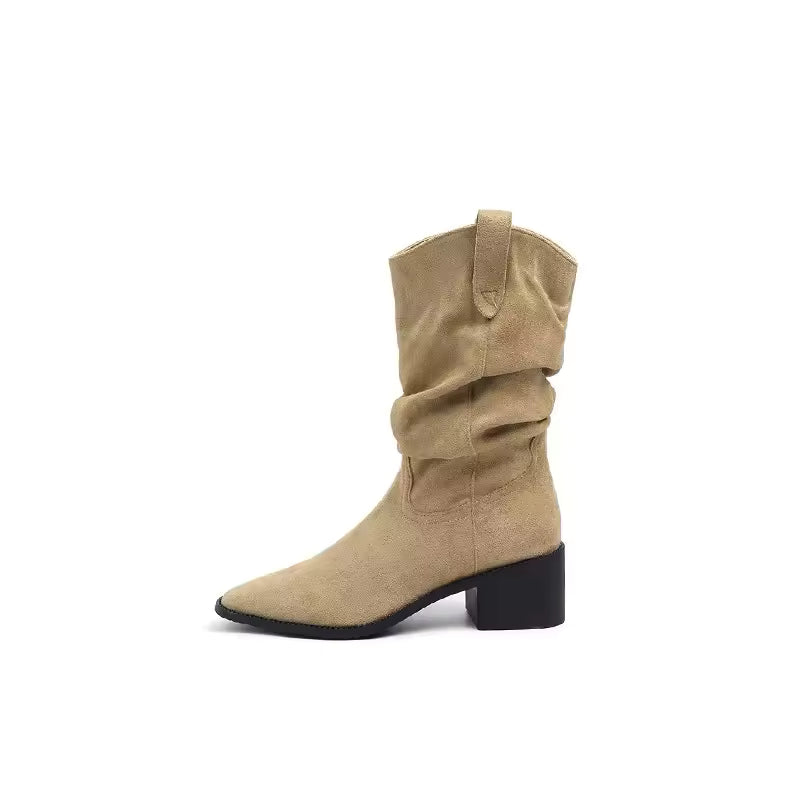 Western Cowboy Boots Women's Retro Versatile Cosplay Mid-tube Boots High-heeled Sleeves Casual Pile Boots Halloween Party 2025 - CB025