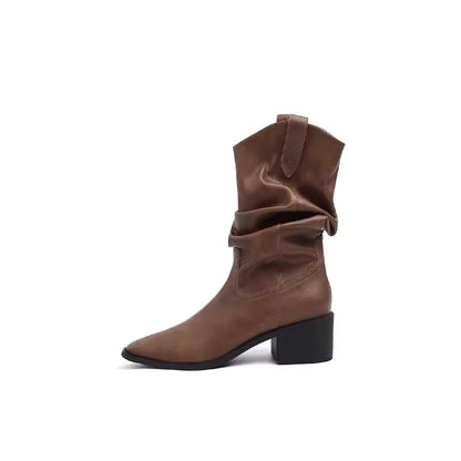 Western Cowboy Boots Women's Retro Versatile Cosplay Mid-tube Boots High-heeled Sleeves Casual Pile Boots Halloween Party 2025 - CB025