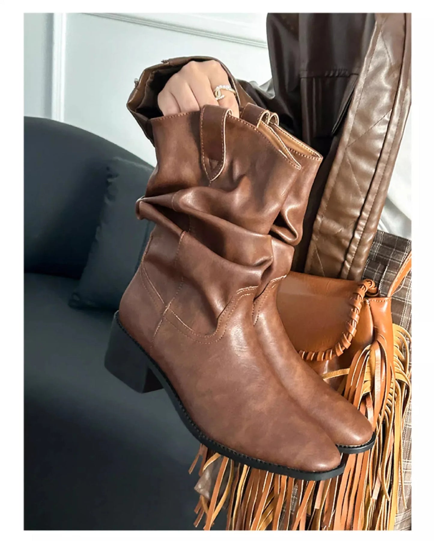 Western Cowboy Boots Women's Retro Versatile Cosplay Mid-tube Boots High-heeled Sleeves Casual Pile Boots Halloween Party 2025 - CB025