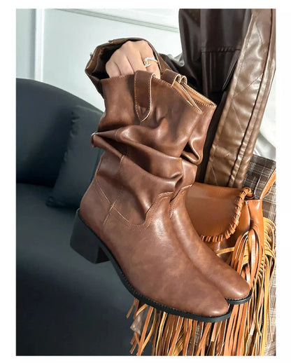 Western Cowboy Boots Women's Retro Versatile Cosplay Mid-tube Boots High-heeled Sleeves Casual Pile Boots Halloween Party 2025 - CB025
