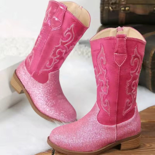 Winter Rose Red Children's Non-Slip Boots Embroidery Pattern Side Zipper Girls Small Heels Thigh-High Botas Suitable Daily Wear - CB078