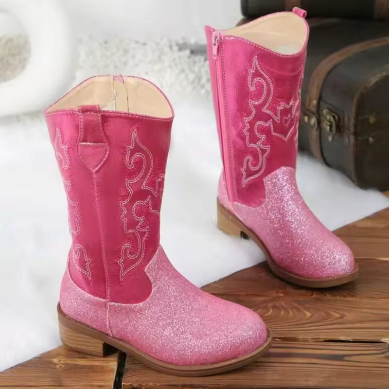 Winter Rose Red Children's Non-Slip Boots Embroidery Pattern Side Zipper Girls Small Heels Thigh-High Botas Suitable Daily Wear - CB078
