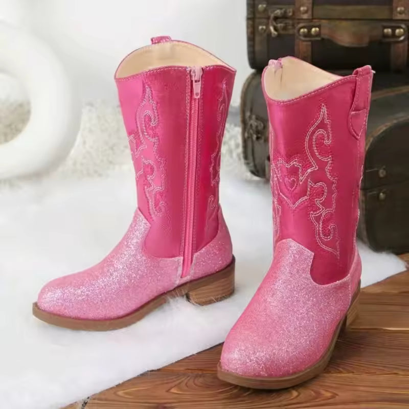 Winter Rose Red Children's Non-Slip Boots Embroidery Pattern Side Zipper Girls Small Heels Thigh-High Botas Suitable Daily Wear - CB078