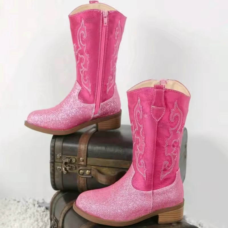 Winter Rose Red Children's Non-Slip Boots Embroidery Pattern Side Zipper Girls Small Heels Thigh-High Botas Suitable Daily Wear - CB078