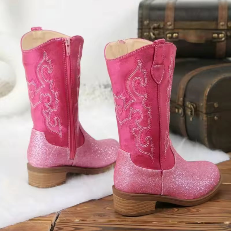 Winter Rose Red Children's Non-Slip Boots Embroidery Pattern Side Zipper Girls Small Heels Thigh-High Botas Suitable Daily Wear - CB078