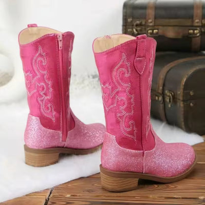Winter Rose Red Children's Non-Slip Boots Embroidery Pattern Side Zipper Girls Small Heels Thigh-High Botas Suitable Daily Wear - CB078