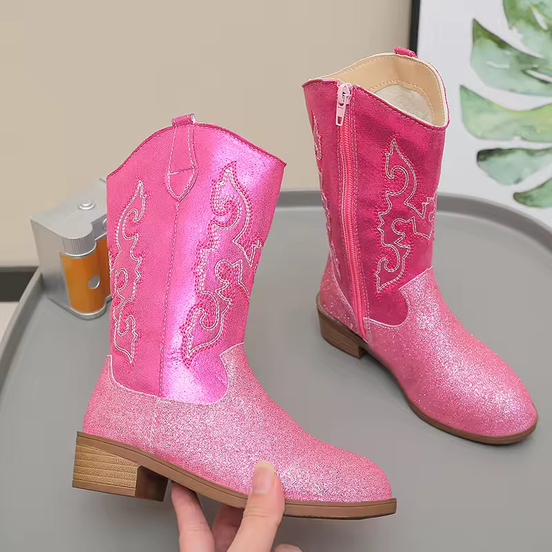 Winter Rose Red Children's Non-Slip Boots Embroidery Pattern Side Zipper Girls Small Heels Thigh-High Botas Suitable Daily Wear - CB078