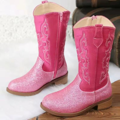 Winter Rose Red Children's Non-Slip Boots Embroidery Pattern Side Zipper Girls Small Heels Thigh-High Botas Suitable Daily Wear - CB078