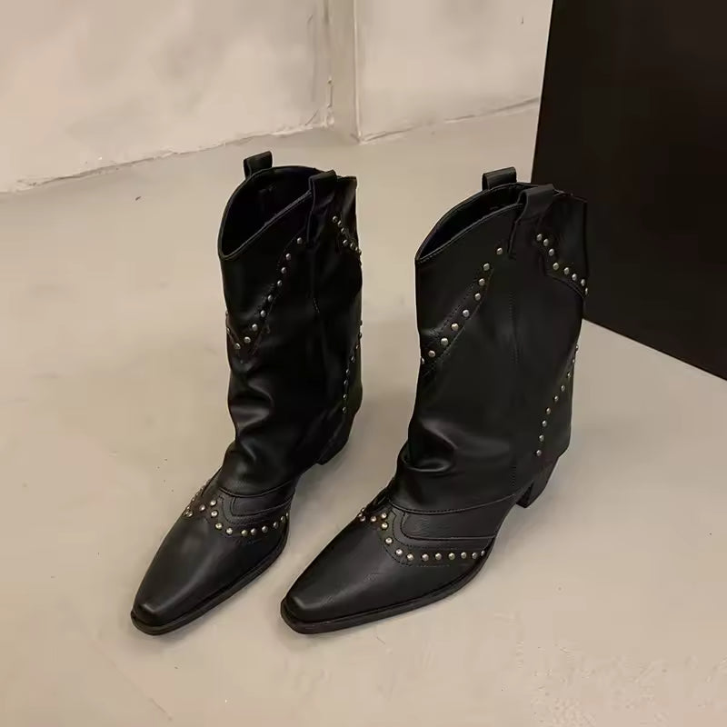 Woman Cowgirl Boots Fashion Slip on Ladies Elegant Square Heel Long Pipe Botas Shoes Retro Women's Spring Autumn Boot Footwear - CB005