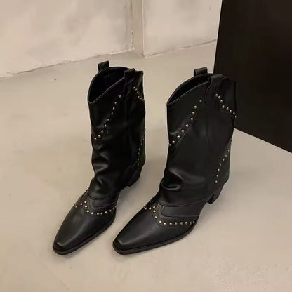 Woman Cowgirl Boots Fashion Slip on Ladies Elegant Square Heel Long Pipe Botas Shoes Retro Women's Spring Autumn Boot Footwear - CB005