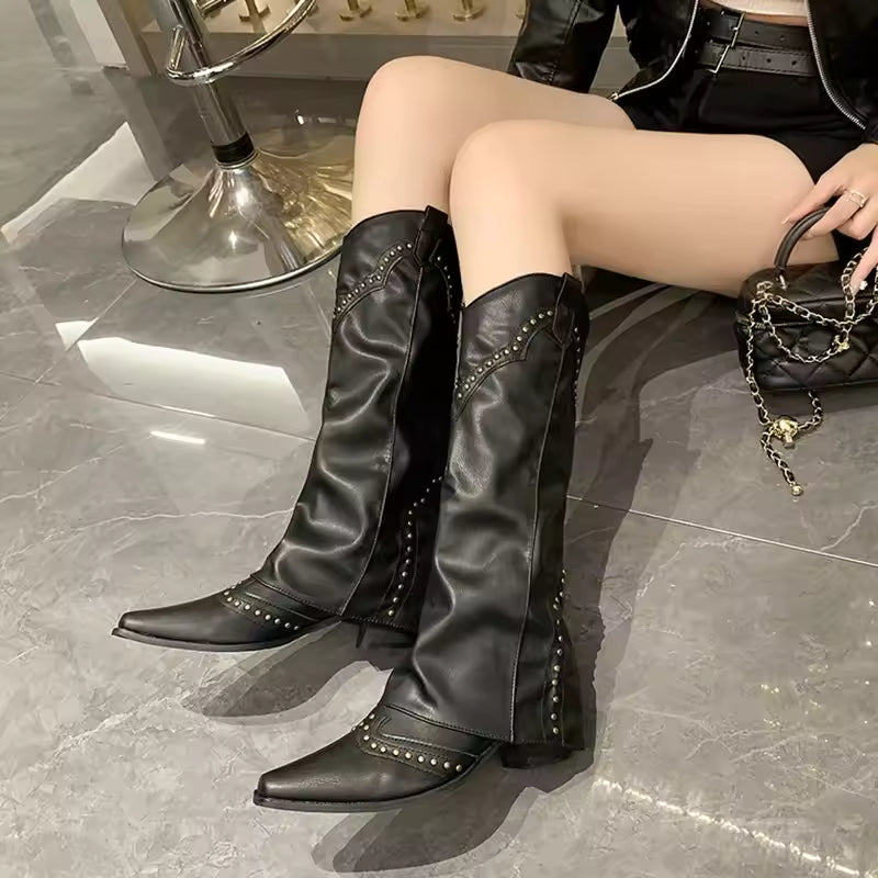 Woman Cowgirl Boots Fashion Slip on Ladies Elegant Square Heel Long Pipe Botas Shoes Retro Women's Spring Autumn Boot Footwear - CB005