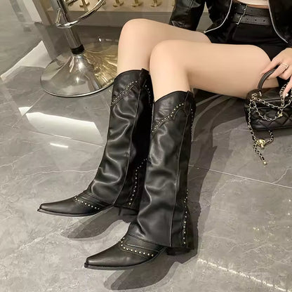 Woman Cowgirl Boots Fashion Slip on Ladies Elegant Square Heel Long Pipe Botas Shoes Retro Women's Spring Autumn Boot Footwear - CB005