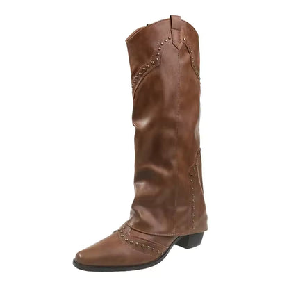 Woman Cowgirl Boots Fashion Slip on Ladies Elegant Square Heel Long Pipe Botas Shoes Retro Women's Spring Autumn Boot Footwear - CB005
