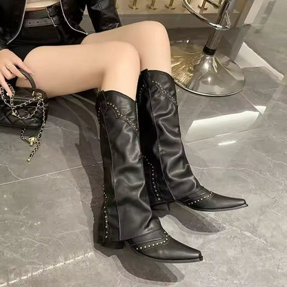 Woman Cowgirl Boots Fashion Slip on Ladies Elegant Square Heel Long Pipe Botas Shoes Retro Women's Spring Autumn Boot Footwear - CB005
