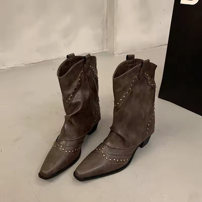 Woman Cowgirl Boots Fashion Slip on Ladies Elegant Square Heel Long Pipe Botas Shoes Retro Women's Spring Autumn Boot Footwear - CB005