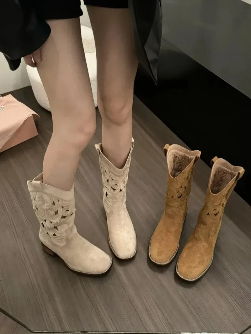 Women Boots Retro Suede Casual Boots Chunky Heels Cowboy Boot Classic Embroidery Western Boots for Women Hollow-out Design Boot - CB035