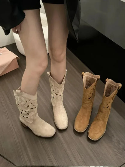 Women Boots Retro Suede Casual Boots Chunky Heels Cowboy Boot Classic Embroidery Western Boots for Women Hollow-out Design Boot - CB035