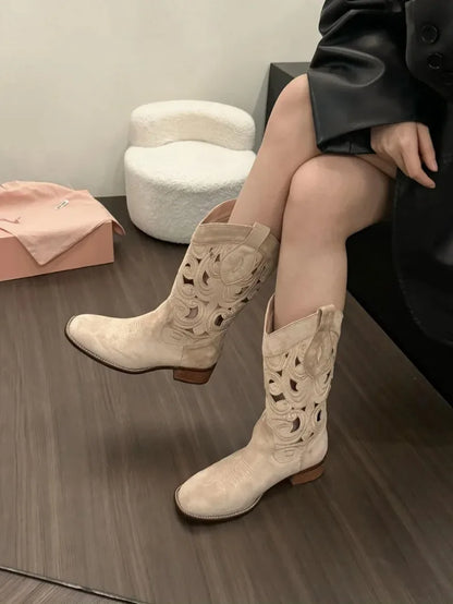 Women Boots Retro Suede Casual Boots Chunky Heels Cowboy Boot Classic Embroidery Western Boots for Women Hollow-out Design Boot - CB035