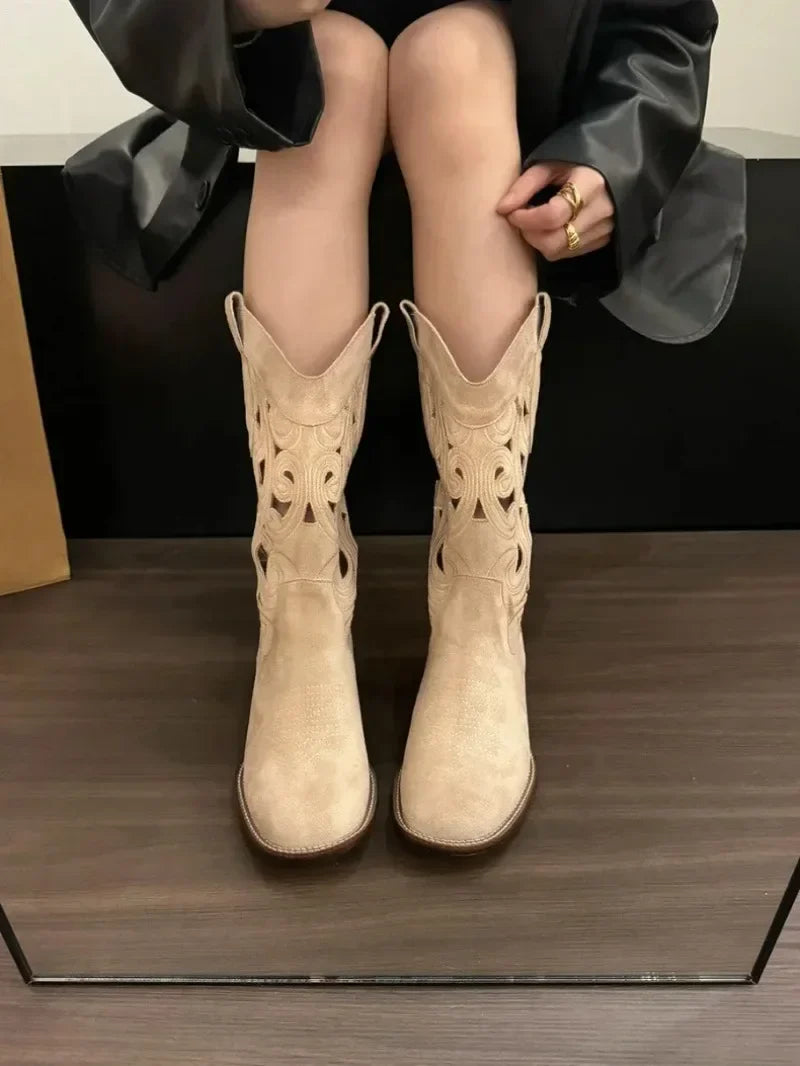 Women Boots Retro Suede Casual Boots Chunky Heels Cowboy Boot Classic Embroidery Western Boots for Women Hollow-out Design Boot - CB035
