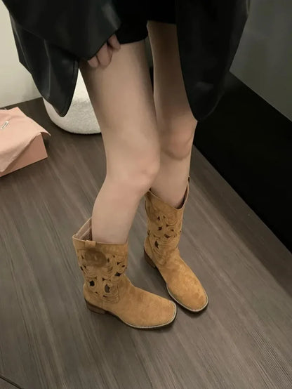 Women Boots Retro Suede Casual Boots Chunky Heels Cowboy Boot Classic Embroidery Western Boots for Women Hollow-out Design Boot - CB035