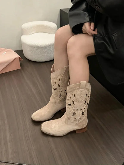 Women Boots Retro Suede Casual Boots Chunky Heels Cowboy Boot Classic Embroidery Western Boots for Women Hollow-out Design Boot - CB035