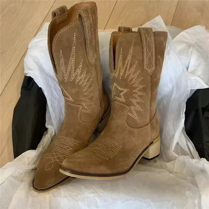 Women Boots Retro Suede Mid-calf Boots Classic Embroidery Western Booties Fashion Pointed Toe Cowboy Boots for Women Botas Mujer - CB011