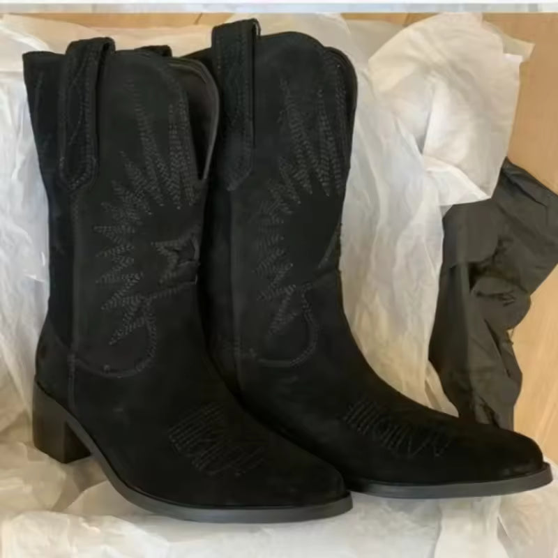 Women Boots Retro Suede Mid-calf Boots Classic Embroidery Western Booties Fashion Pointed Toe Cowboy Boots for Women Botas Mujer - CB011