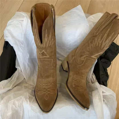 Women Boots Retro Suede Mid-calf Boots Classic Embroidery Western Booties Fashion Pointed Toe Cowboy Boots for Women Botas Mujer - CB011