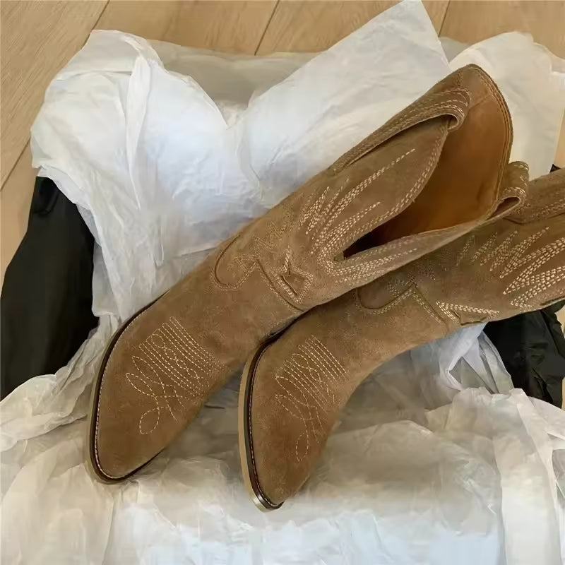 Women Boots Retro Suede Mid-calf Boots Classic Embroidery Western Booties Fashion Pointed Toe Cowboy Boots for Women Botas Mujer - CB011