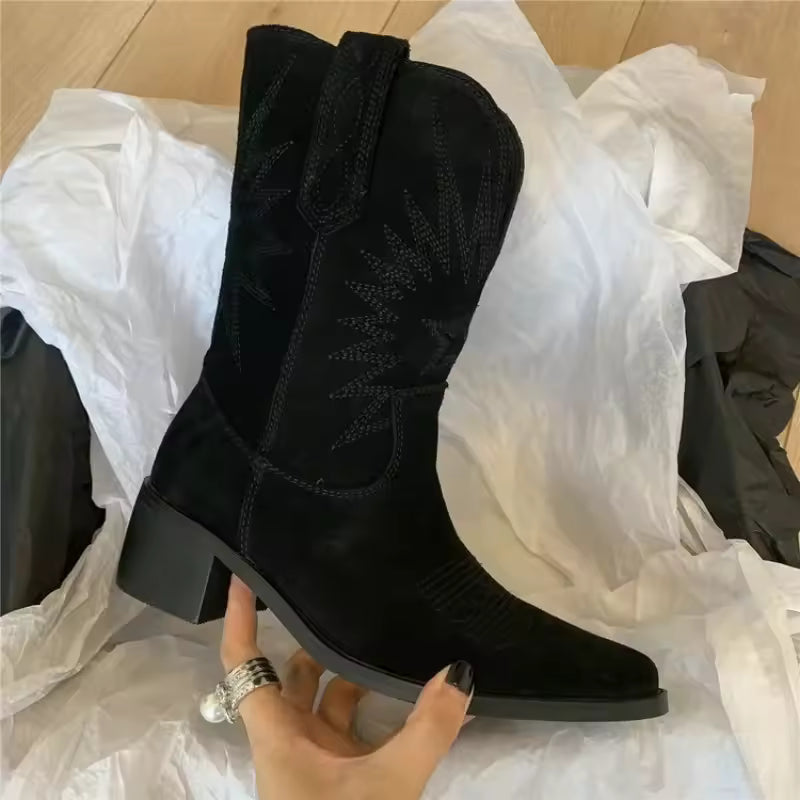 Women Boots Retro Suede Mid-calf Boots Classic Embroidery Western Booties Fashion Pointed Toe Cowboy Boots for Women Botas Mujer - CB011