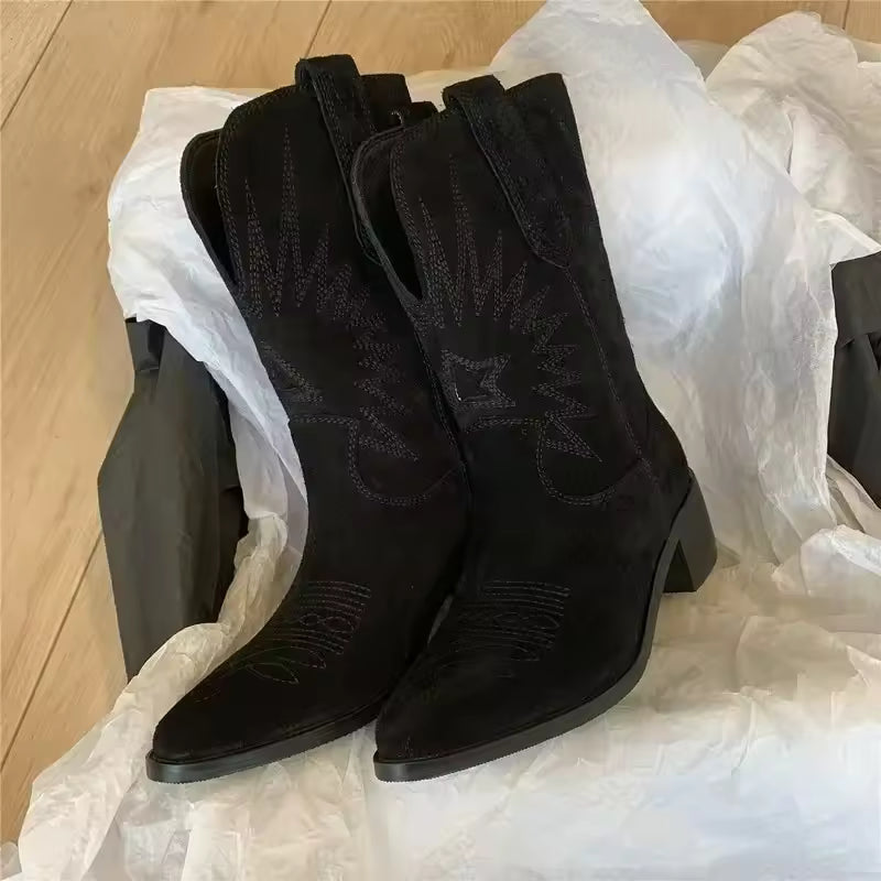 Women Boots Retro Suede Mid-calf Boots Classic Embroidery Western Booties Fashion Pointed Toe Cowboy Boots for Women Botas Mujer - CB011