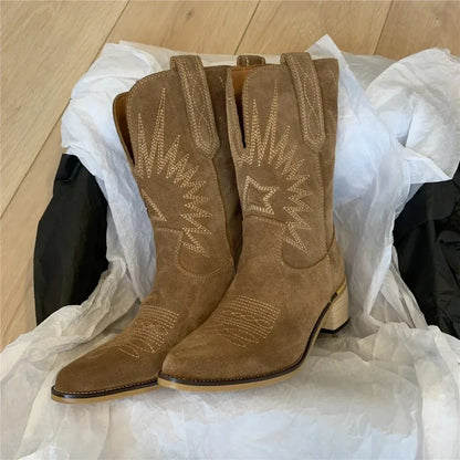 Women Boots Retro Suede Mid-calf Boots Classic Embroidery Western Booties Fashion Pointed Toe Cowboy Boots for Women Botas Mujer - CB011