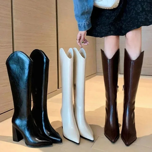 Women Boots Temperament Pointed Leather Boot V-port Design Women Knee-high Boot Sexy Chunky High Heeled Boots Botas Largas Mujer - CB037