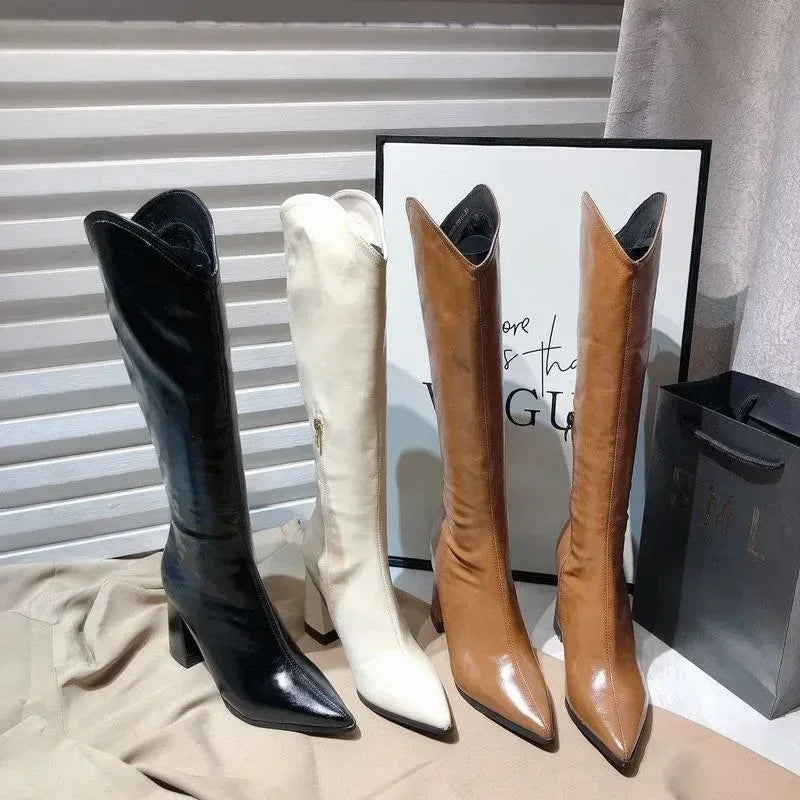 Women Boots Temperament Pointed Leather Boot V-port Design Women Knee-high Boot Sexy Chunky High Heeled Boots Botas Largas Mujer - CB037